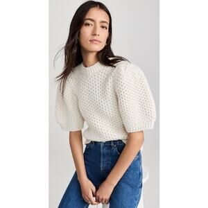 NWT Anine Bing Puff Sleeve Crewneck Brittany Sweater in White Textured Knit XS